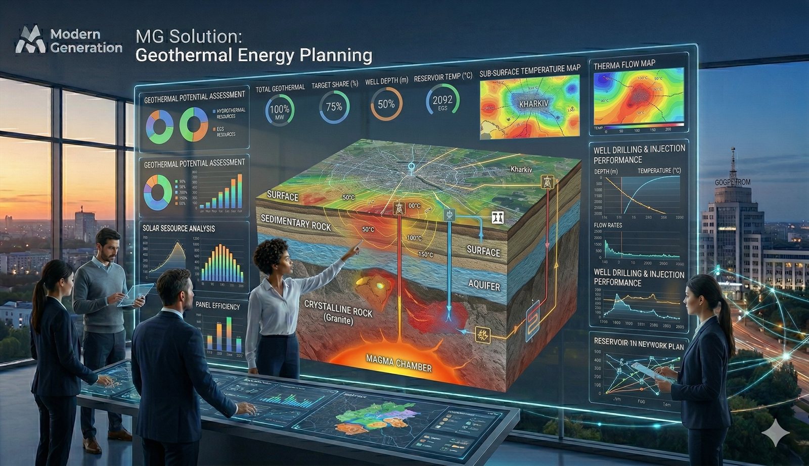 Geothermal energy planning interface with territorial layers and investment framing.