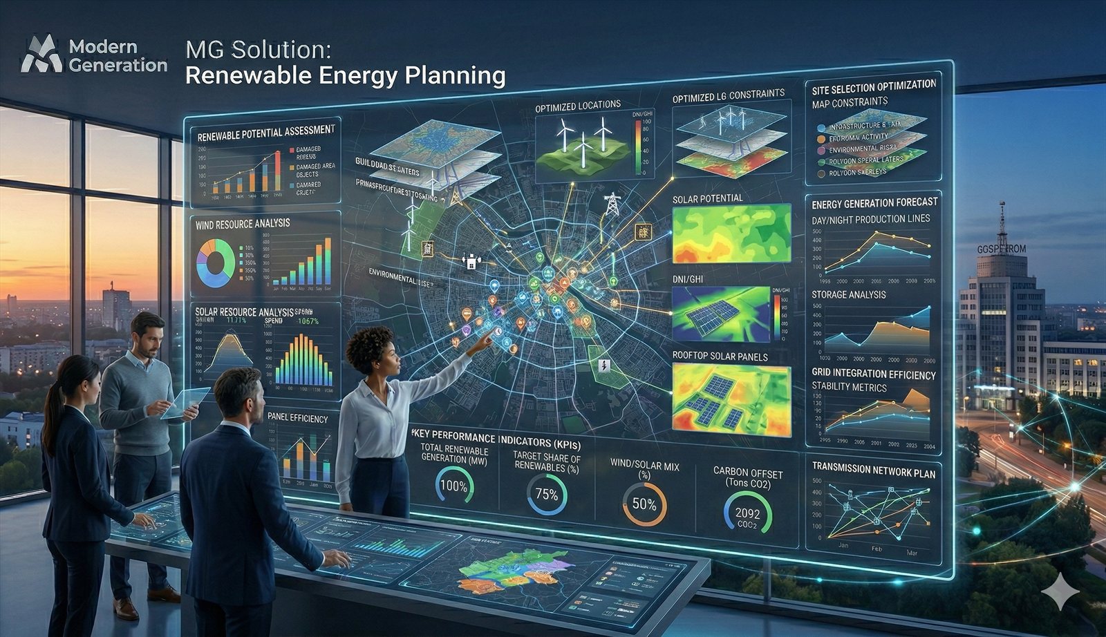 Renewable energy GIS dashboard with maps, performance indicators, and regional opportunity layers.