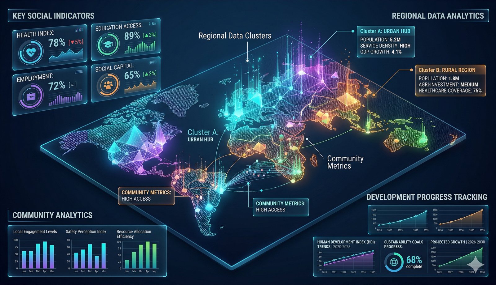 Social research project dashboard with community evidence and regional indicators.