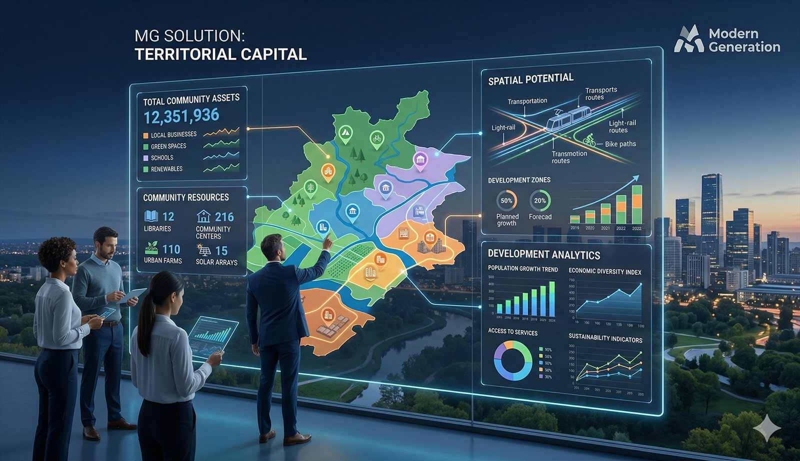 Territorial capital analytics interface showing regional assets, capacities, and development indicators.