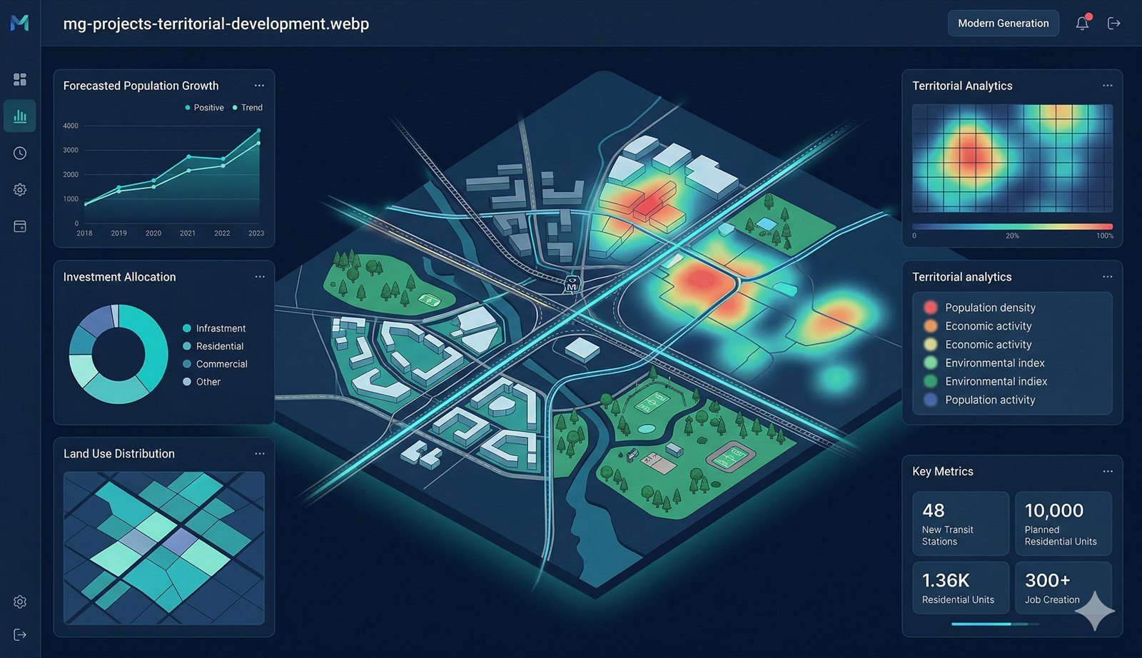 Territorial development overview dashboard showing project logic, regional data, and implementation framing.