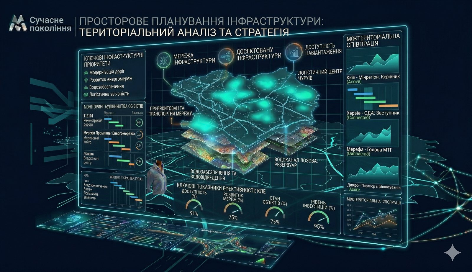 Territorial development system visual with planning logic and analytical coordination.