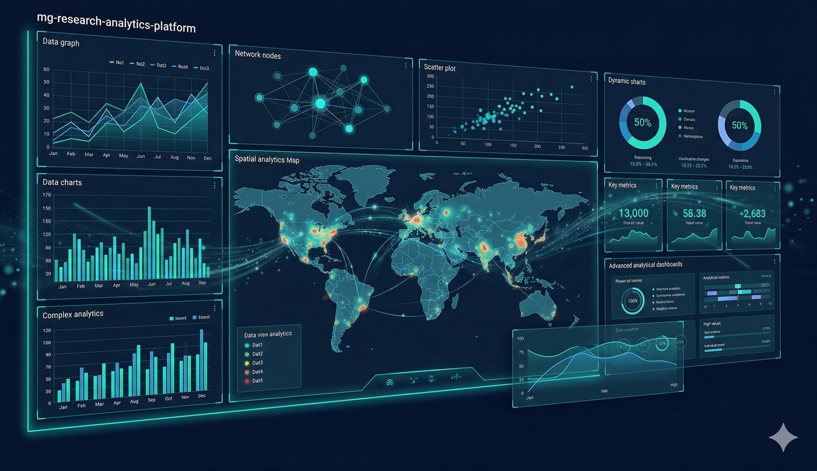 Research analytics dashboard with data layers, evidence maps, and applied analytical outputs.