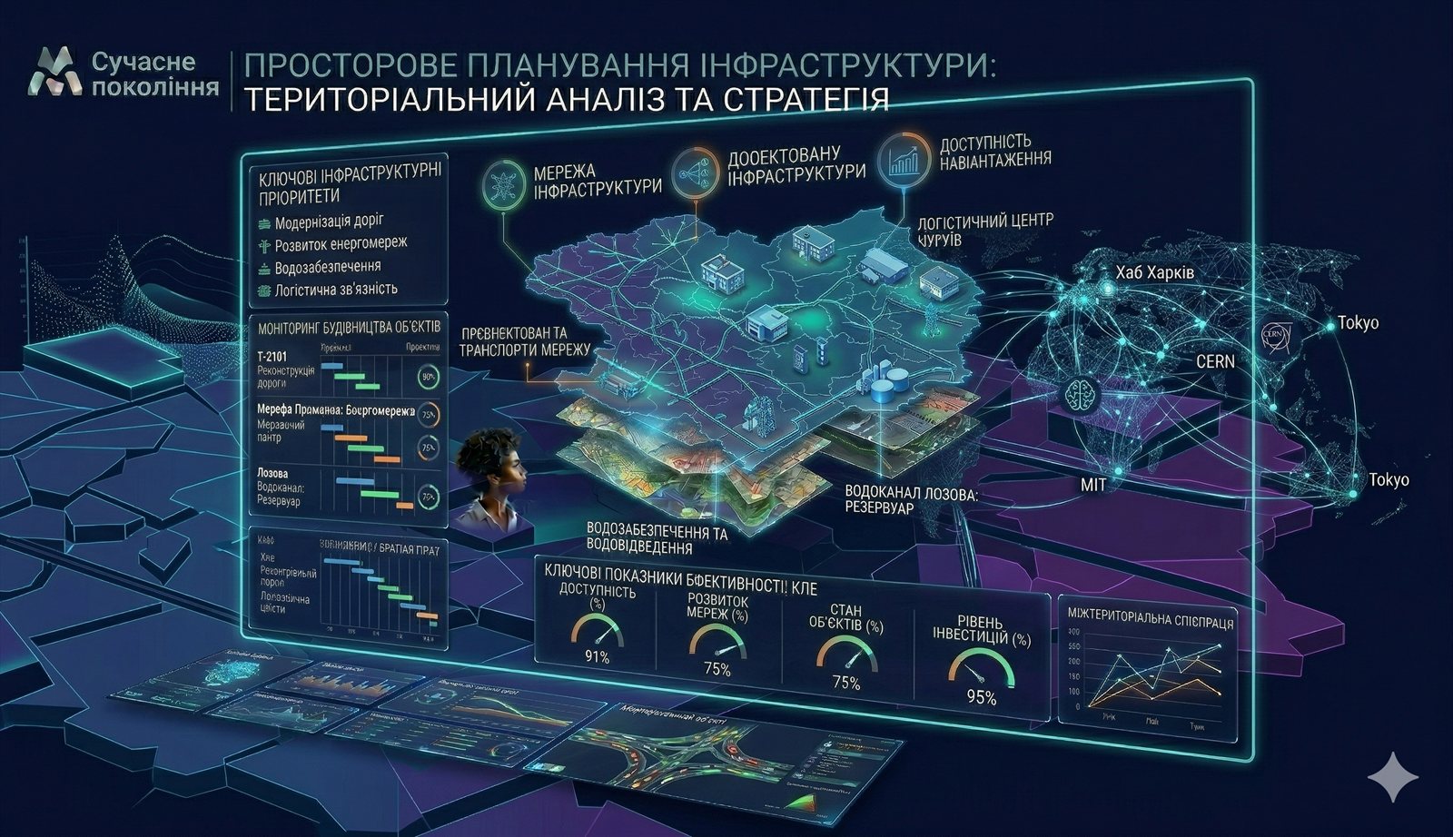 Infrastructure and territorial planning dashboard with layered analytical views.