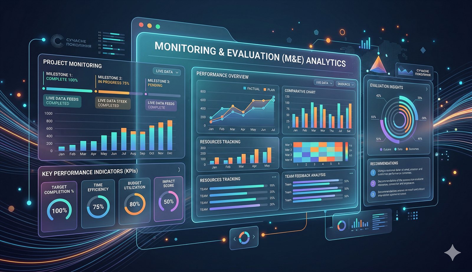 Monitoring and evaluation system dashboard with charts, indicators, and reporting views.