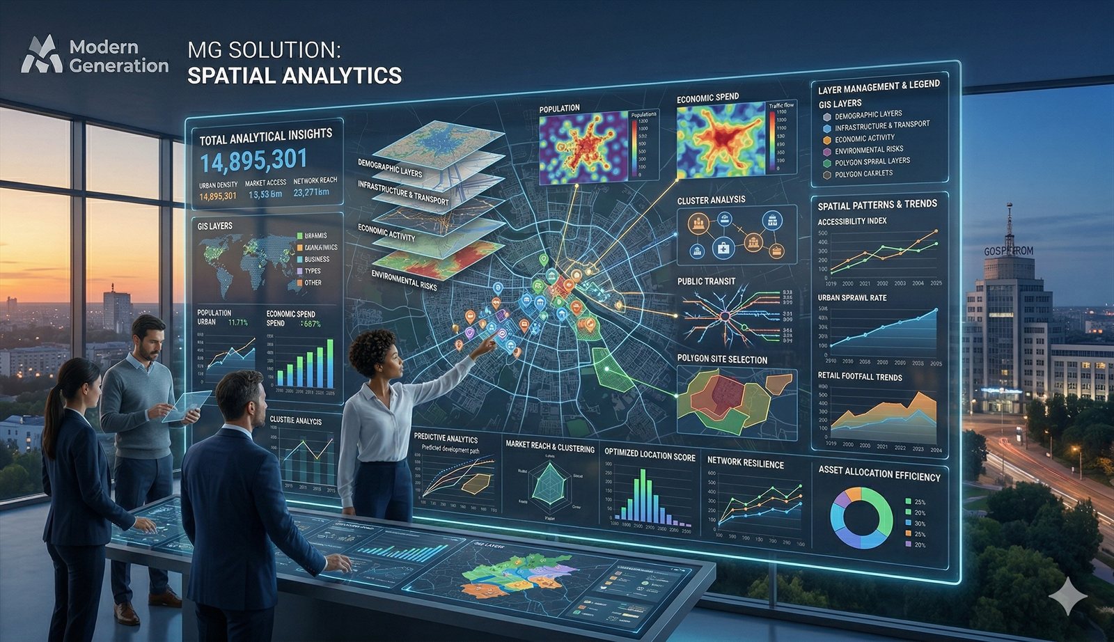 Spatial analytics dashboard showing territorial layers and decision-support widgets.
