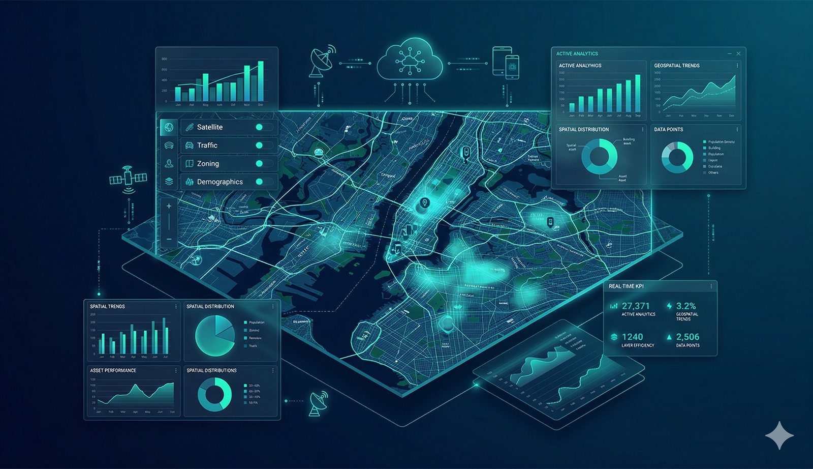 Spatial intelligence platform showing territorial layers and decision-support dashboards.